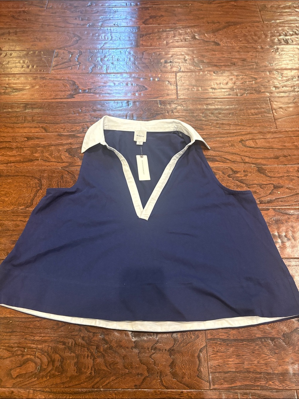 Maeve Navy Sleeveless V-Neck Cami with White Trim Collar